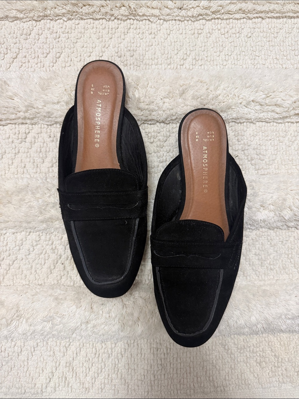 Atmosphere Black Suede Backless Penny Loafers